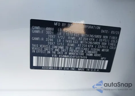 2023 Subaru Ascent Limited 7-Passenger z USA, uszkodzony, nr VIN 4S4WMAUD4P3429499